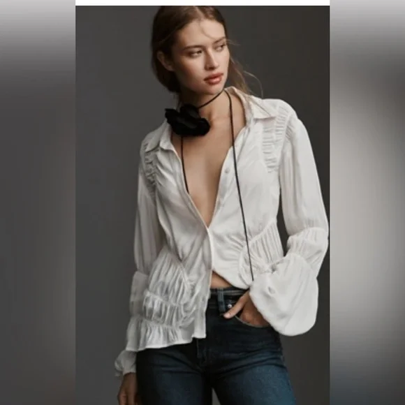 Anthropologie long sleeve shirred Cream Button-Down Shirt - Picture 2 of 8